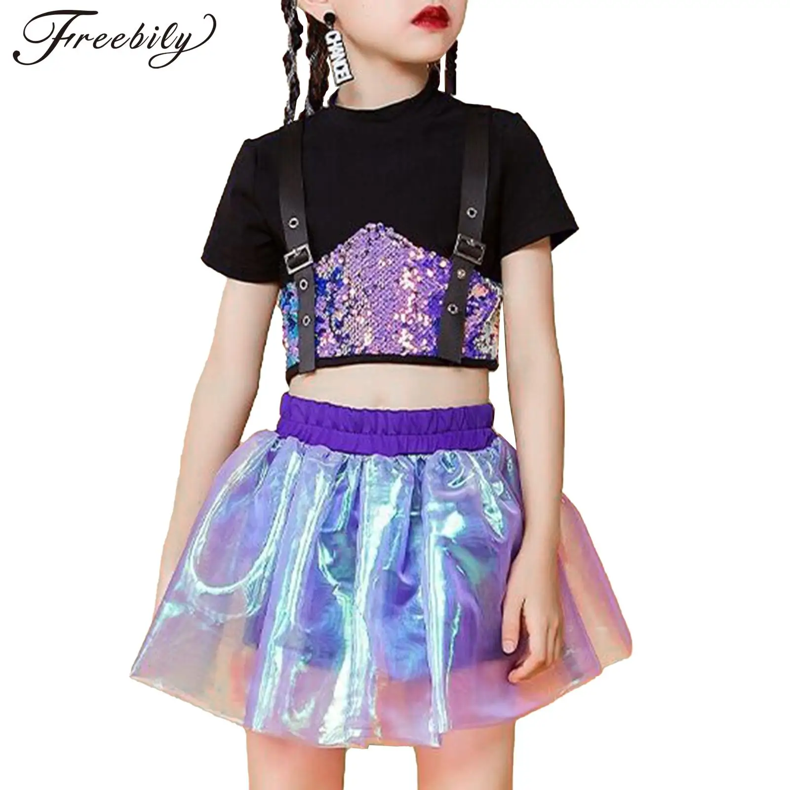 Girls Shiny Dance Outfit Glittery Crop Top+Skirt Set Kids Stage Performing Wear