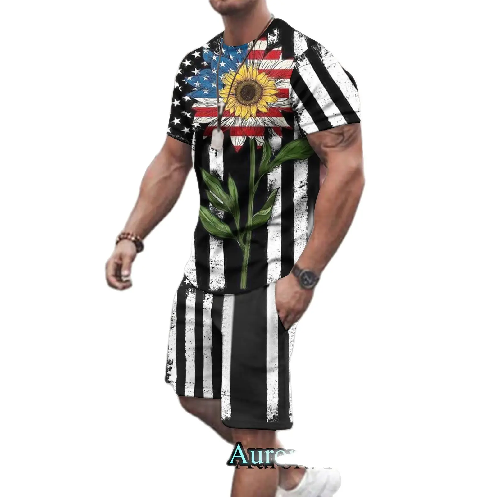 

2023 New Men Summer Fashion Tracksuit 2 Pieces T-Shirt Shorts Casual Outfit Set Male 3D Flag Printing Bright Clothing Vintage S