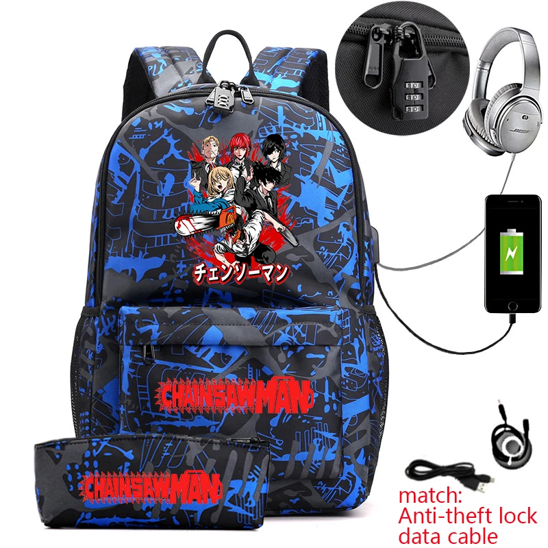 Chainsaw Man Graphic School Backpack Anti-Theft Lightweight Travel Rucksack with Pencil Pouch for Boys Girls Teenagers 1