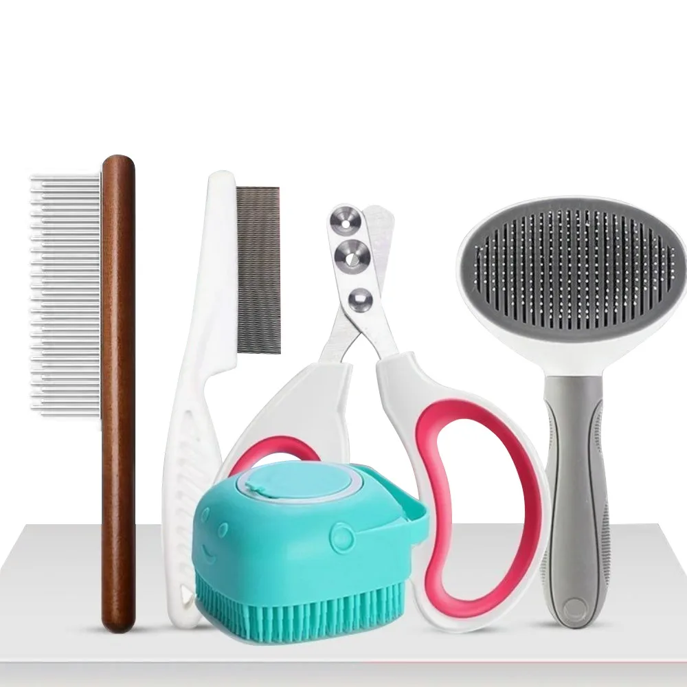 Practical Cleaning Brush Comb Nail Clippers Set Reusable Portable Flea Comb Non-slip Silicone Pet Cleaning Tool