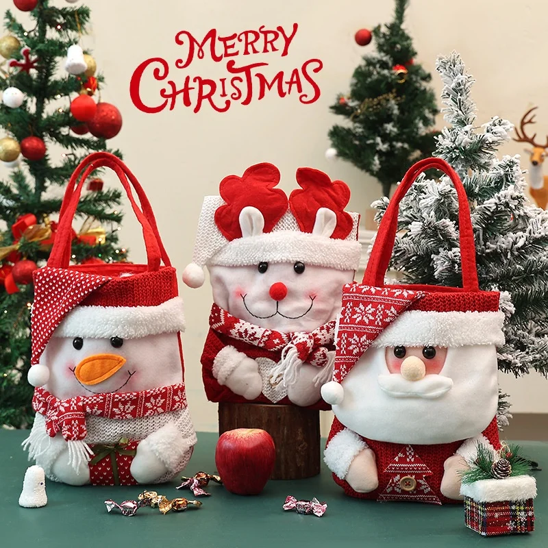 New Year Christmas Gift Bag Flip Hat Cartoon Santa Claus Snowman Candy Bags Knitted Velvet Handbag Children Storage Tote Bag