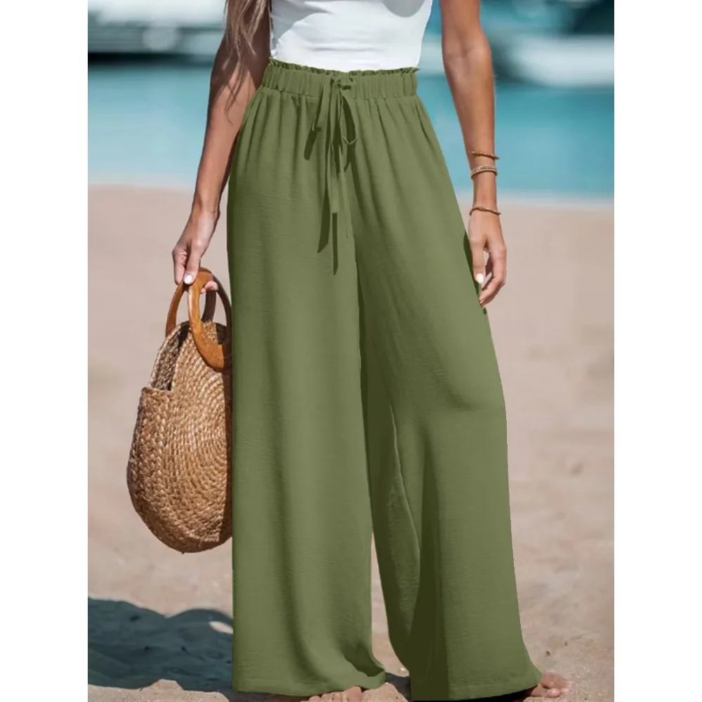 Womens Casual Wide Leg Pants Loose High Waisted Long Trousers Solid Color Soft Polyester Straight Culottes for Summer 3