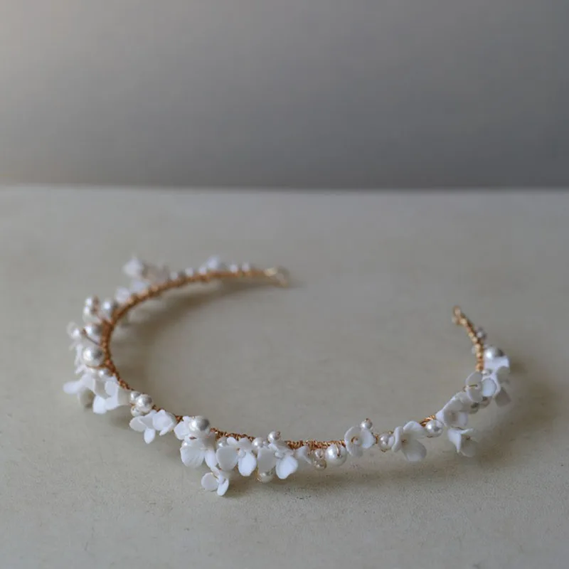 SLBRIDAL Handmade Luxury Rhinestone Crystal Pearls Porcelain Flower Bridal Tiara Wedding Crown Bridesmaids Women Hair Jewelry