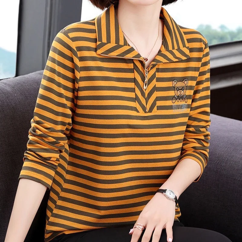 Women's Clothing 2023 Autumn and Winter New Fashion Splice Zipper POLO Collar Long Sleeve Versatile Temperament Stripe Pullover
