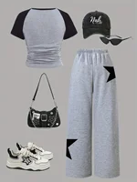 2-Piece Girls' Set, Five-Pointed Star Pattern, Gray Wide-Leg Sweatpants, Suitable for Spring, Autumn, and Summer 3