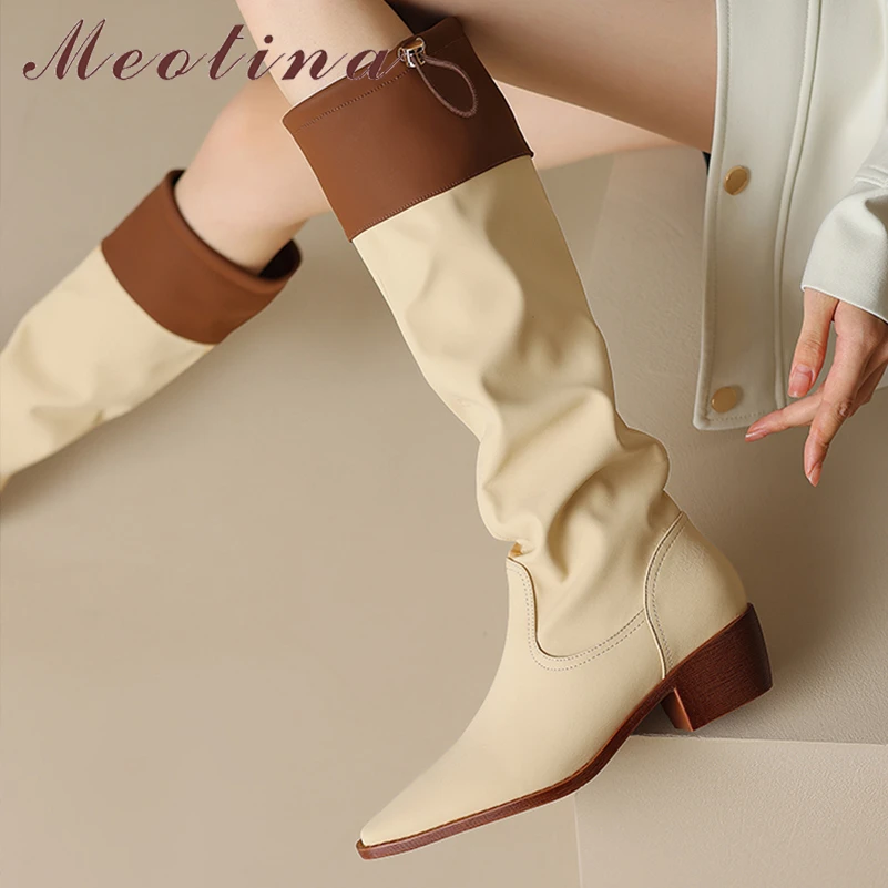 

Meotina Women Genuine Leather Knee High Boots Square Toe Thick Mid Heels Mixed Colors Long Boot Lady Fashion Shoes Autumn Winter