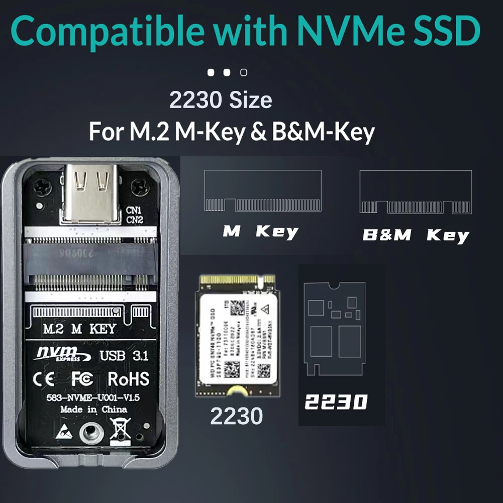 M.2 NVMe 2230 SSD Ŭ NVMe-USB , 10Gbps USB 3.2 Gen2 USB C  ̽ ڽ, M2 2230 NVMe SN740/SN530/PM991a  ssd 2230