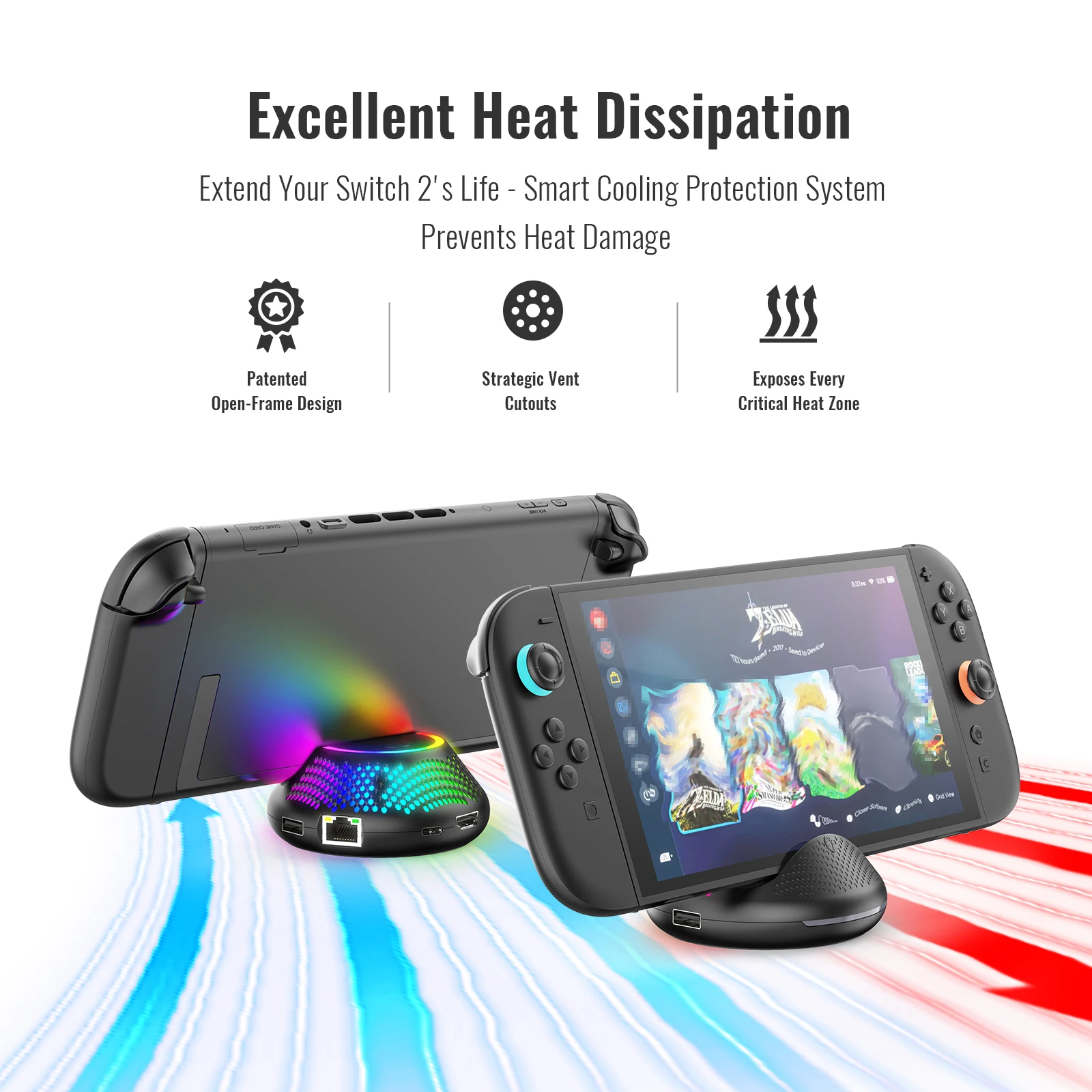 스위치 2용 5 in 1 TV 도킹 스테이션 NS2289, RGB 조명, 4K FHD/2 USB 포트/타입 C 포트, 원형 휴대용 TV 도킹 스테이션