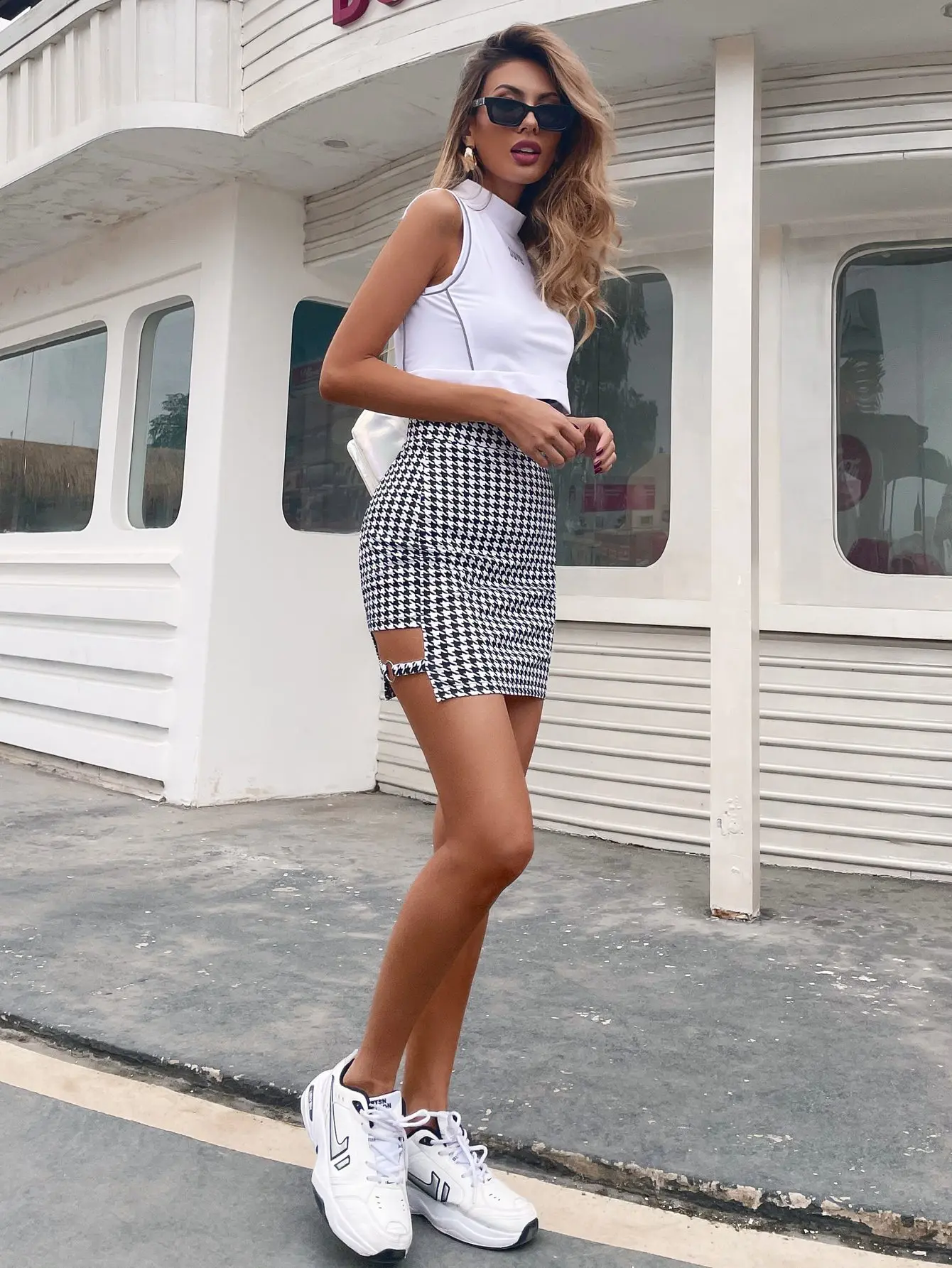jean skirt Black and White lattice Houndstooth Print Skirts Women 2022 Summer Fashion High Waist Cut Out Bodycon Mini Skirt Female nike tennis skirt