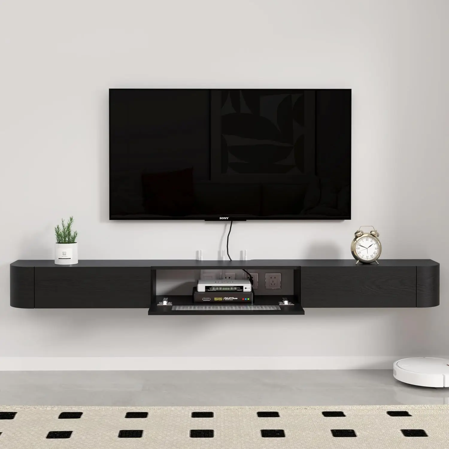 

Floating TV Stand, 63'' Solid Wood Wall Mounted TV Cabinet, Floating Shelves with Glass Door & Drawers, Mid-