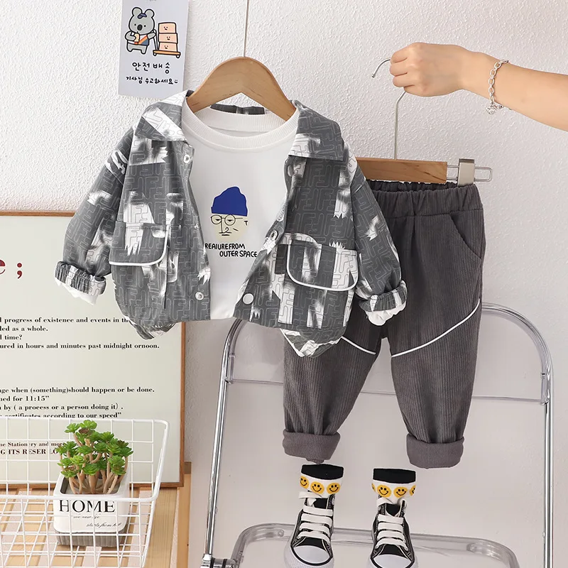 

Spring Autumn Baby Boy 3 Piece Outfit 2 Years Old Long Sleeve Cardigan Coats White T-shirts Pants Infant Clothes for Kids Suits