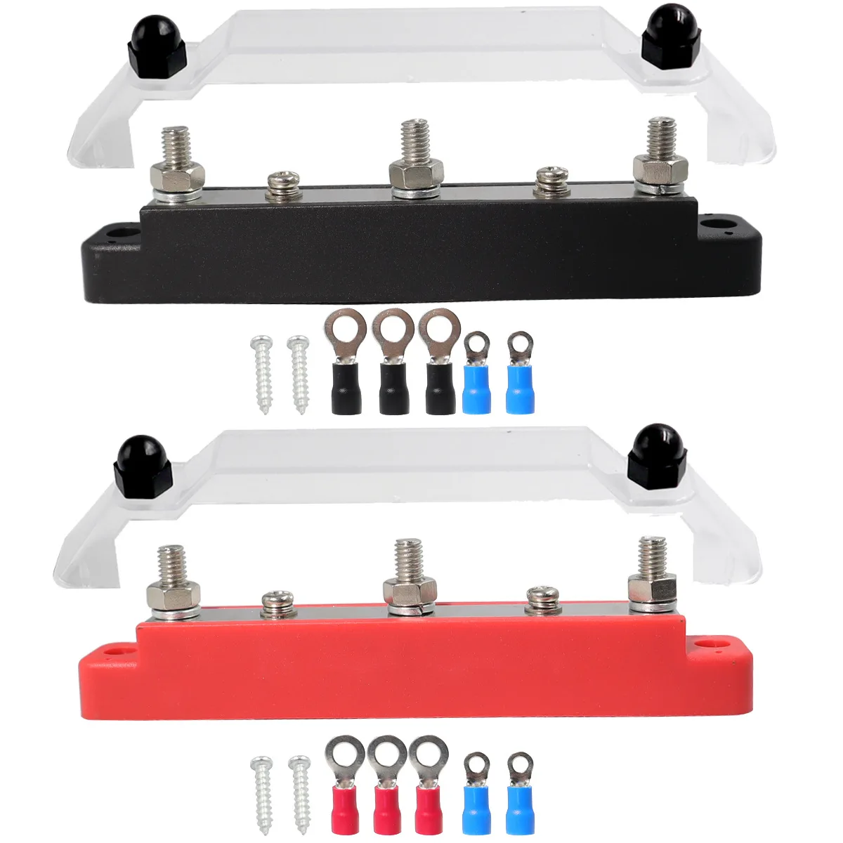 

Distribution Terminal Block Battery Bus Bar Kit, 2 x #8 Screws 3 x 1/4" Posts Terminals with Ring Terminals (Pair - Red & Black)