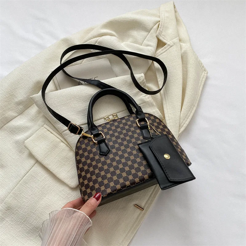 Luxury Shell Fashion Women's Handbag Simple Shoulder Bag Plaid Print Crossbody Bag with Mini Purse