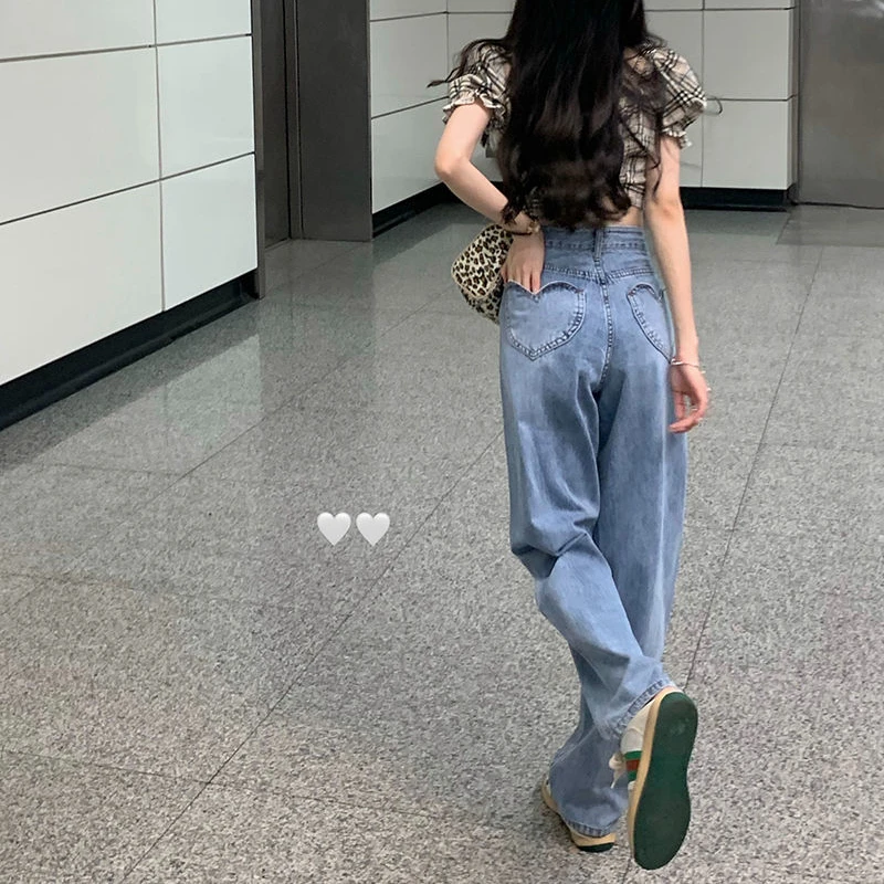 Jeans Women Love Heart Pockets Sweet Girl Students High Waist Hot Sale Loose Fashion Wide Leg Denim Sexy Hollow Out Vintage Y2K 3