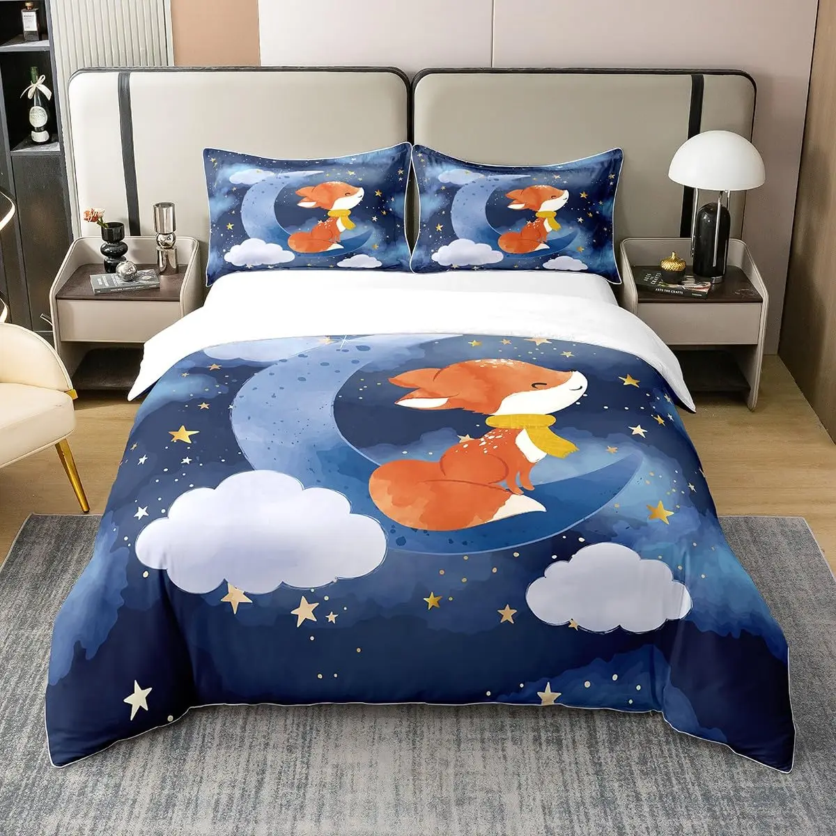 Kids Fox Bedding Set Toddler Natural Floral Comforter Cover Set for Boys Girls Blossom Flowers Pattern Duvet Cover 3