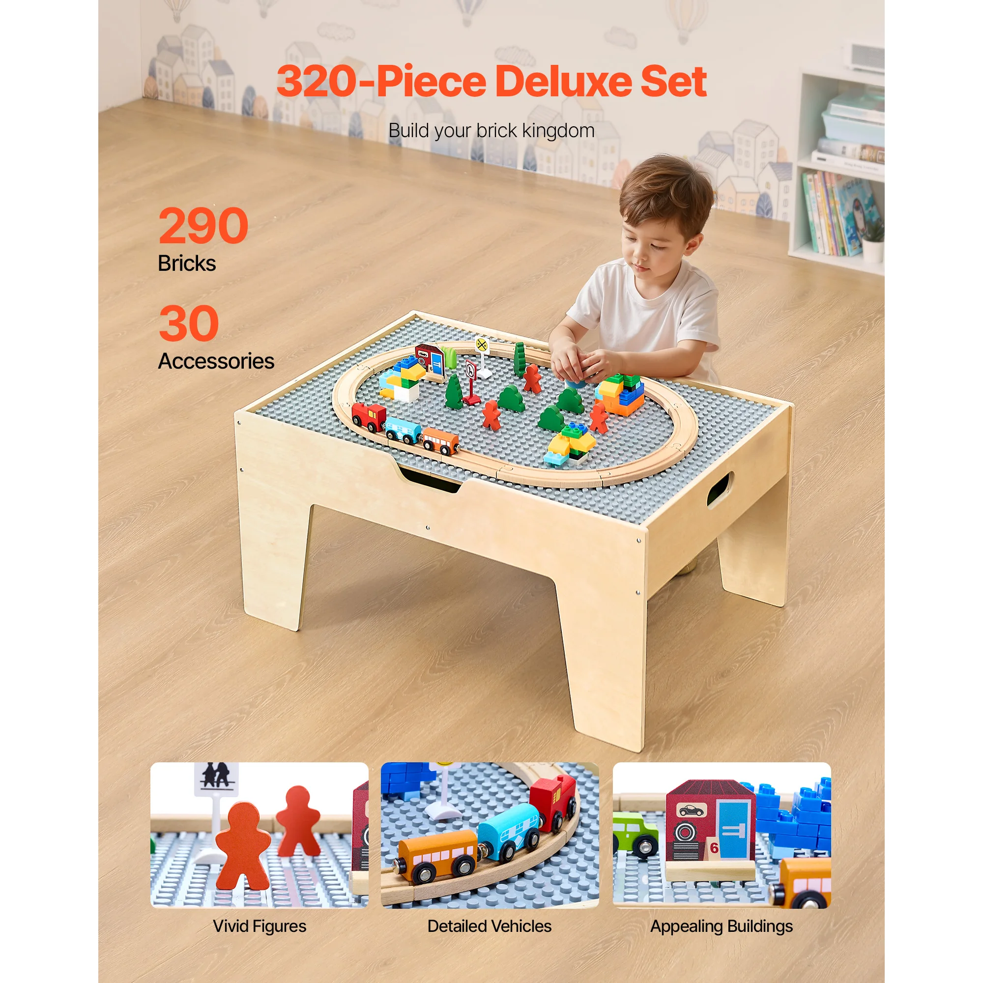 SucceBuy Multi-Purpose Activity Play Table 290 Building Bricks & 30pcs Wooden Train Table Toys Set Accessories for Kids Gaming