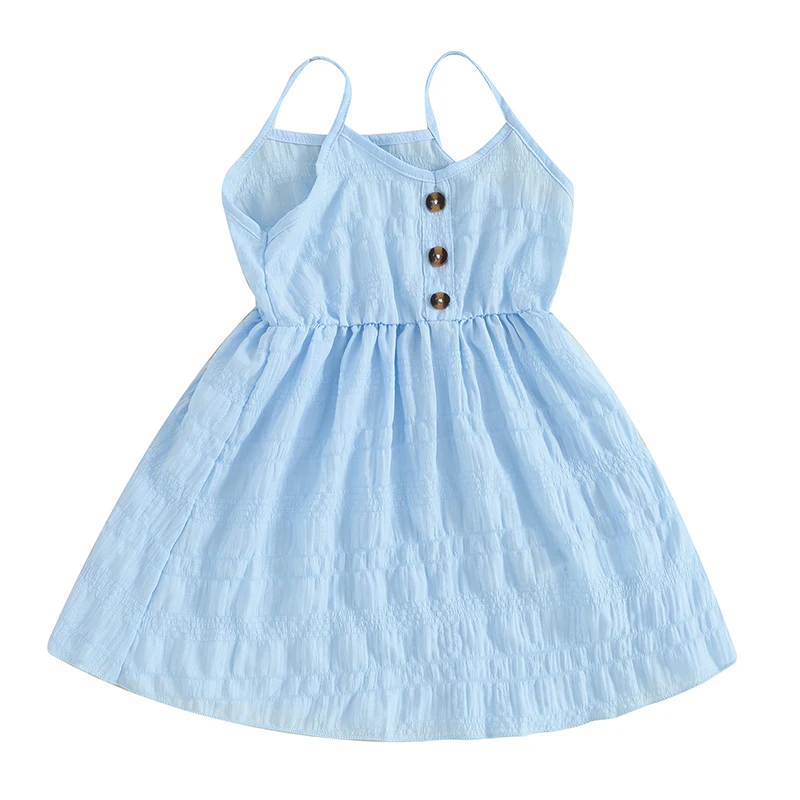 

Little Girl Summer Sleeveless Dress Solid Color Spaghetti Strap V-Neck Front Button A-Line Dress