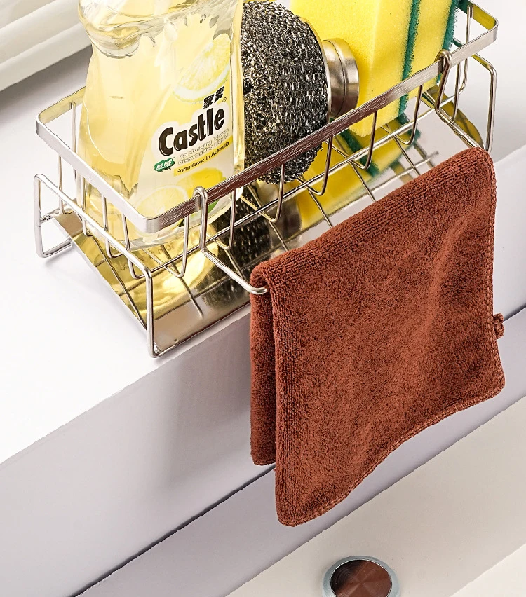Waschbecken-Reinigungswerkzeuge, Aufbewahrungsregal für die Küche, multifunktionales Abflussregal aus Edelstahl für Schwammreiniger, Organizer, Lappenbügel – Detail 5