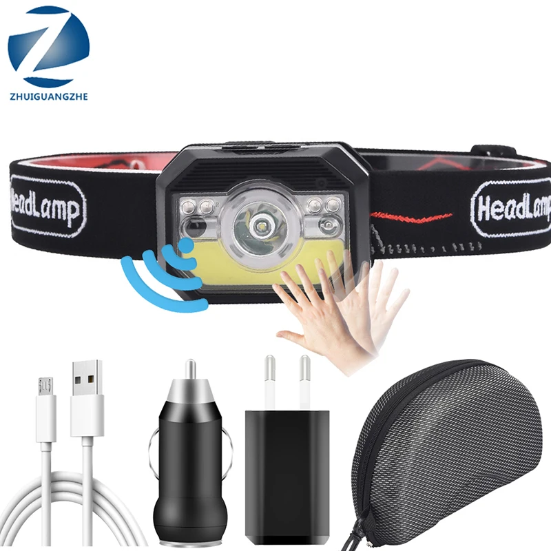 

Q5 Sensor Headlamp Head Lamp Headlight Waterproof Head Light Built-in Rechargeable Battery Running Light Red COB Bulb Lantern