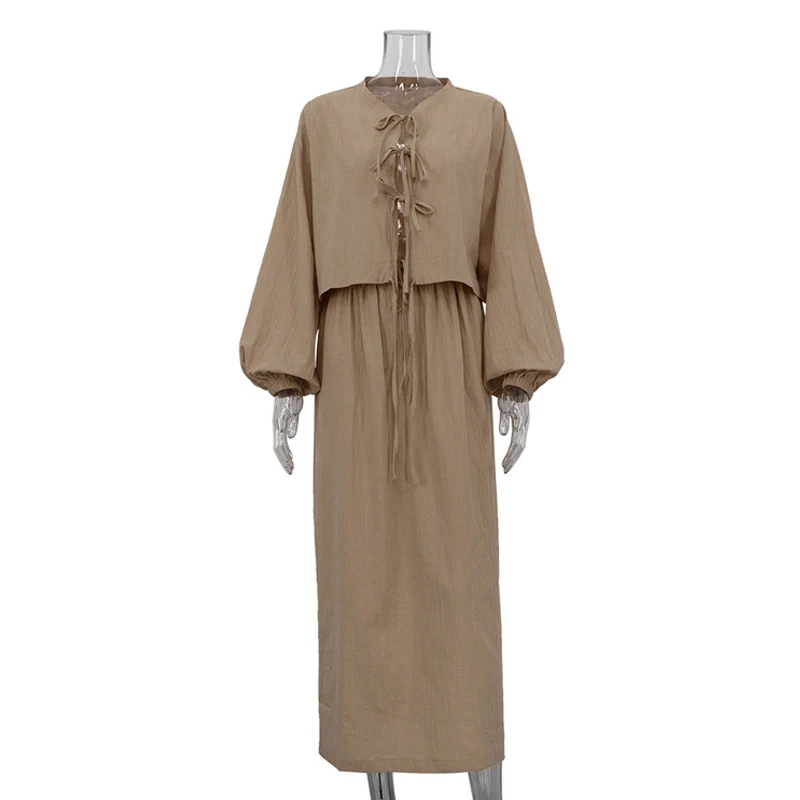 Casual Loose Khaki Cotton Linen 2 Piece Sets Women Vintage Puff Long Sleeve Lace-Up Shirt With High Waist Long Skirts Outfits