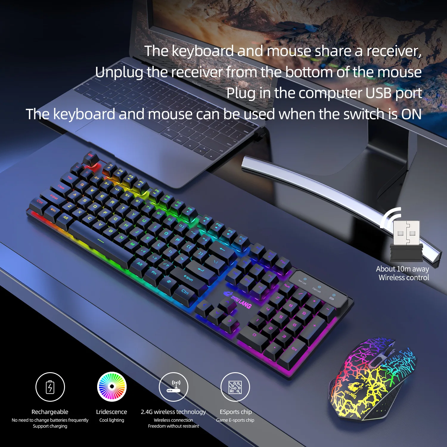 Retroiluminação RGB, Teclados recarregáveis, Combo para PC Gamer e Laptop, 2.4G