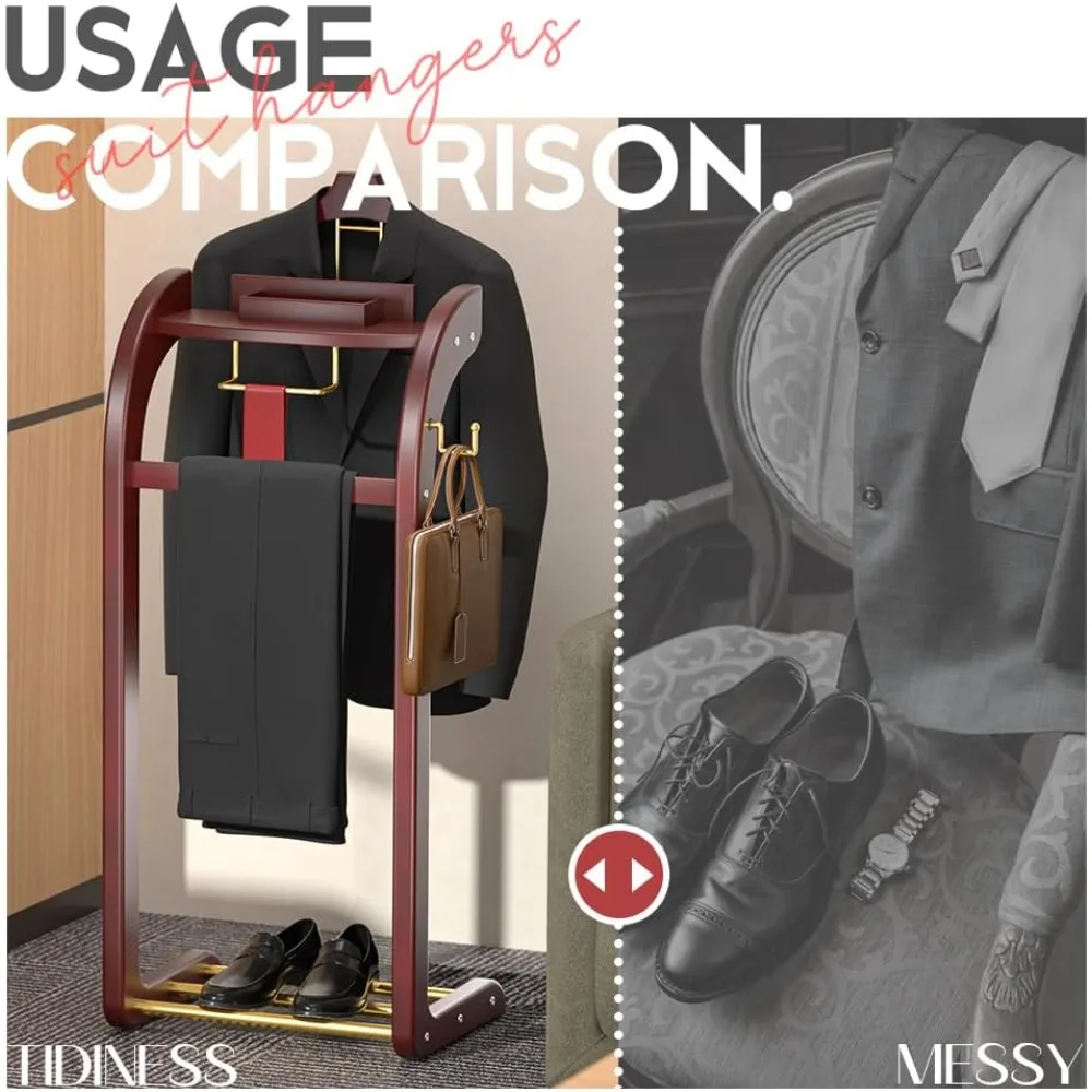 suit valet stand for men and women, wood clothing valet stand suit with contour hanger, tray, trouser bar, tie bar and shoe rack