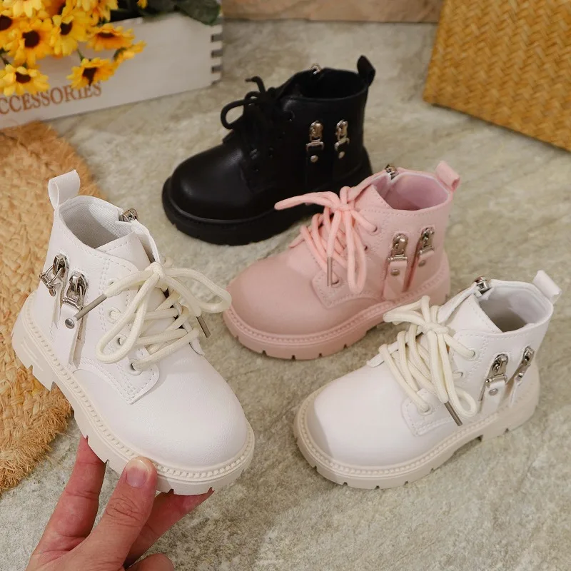 어린이 신발 소녀용 클래식  패션 소년 학교용 앵클 부츠 라운드토 블랙 심플 어..