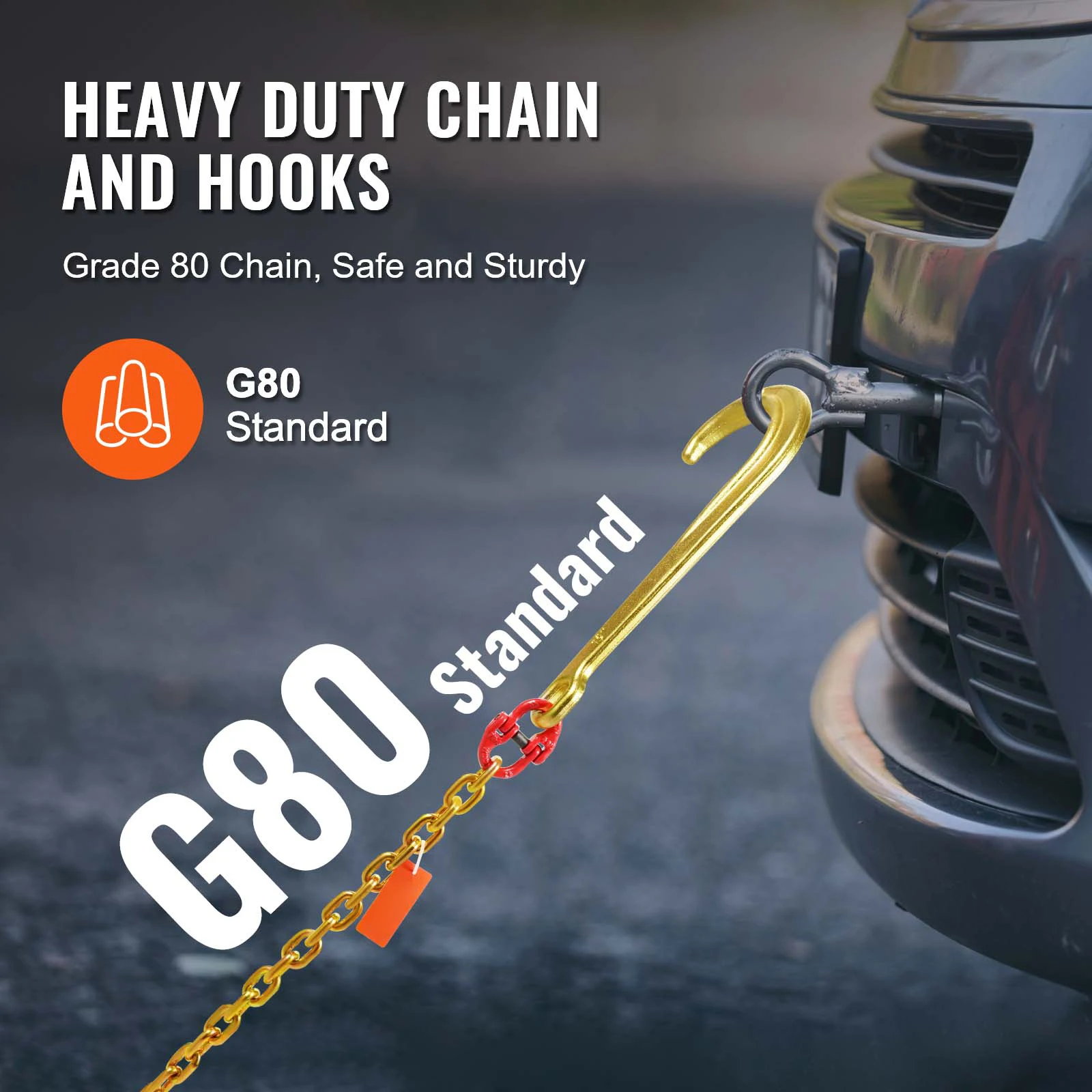 G80 Steel Towing Chain with Hooks for Trailer Recovery