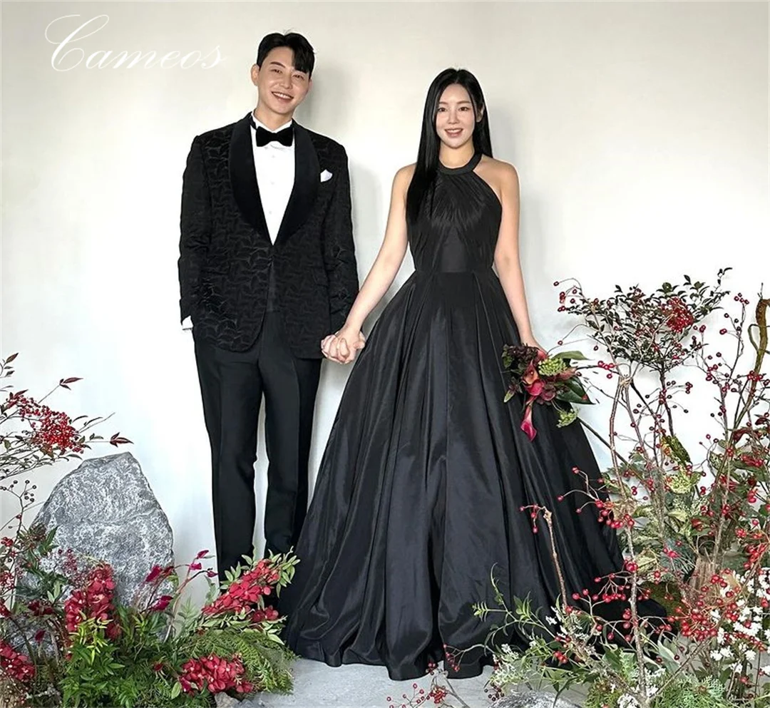 

SONDR Korea High Neck Black Evening Dress Custom Made Formal Prom Dress A-Line Satin Open Back 웨딩드레스 Occasion Party Evening Gown