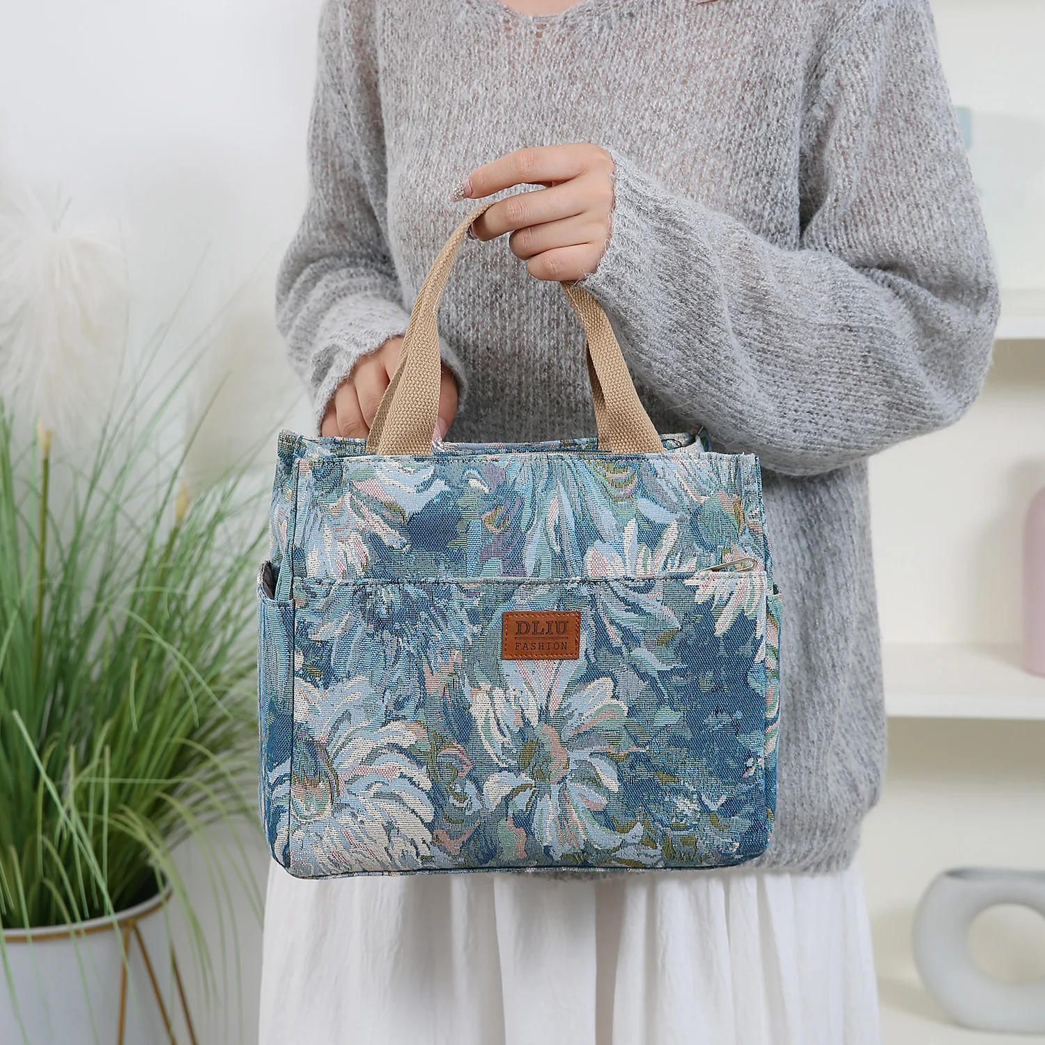 Neue große, dickere Stoffhandtasche, Tragetasche, Einkaufstasche, Allzwecktasche, Lunchbox-Tasche, Bento-Tasche, Blumenmuster – Detail 20