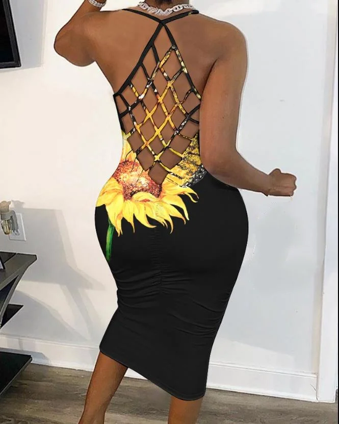 

An Elegant and Unique Dress Sexy U-Neck Sleeveless Butterfly Sunflower Print Fishnet Backless Bodycon Dress