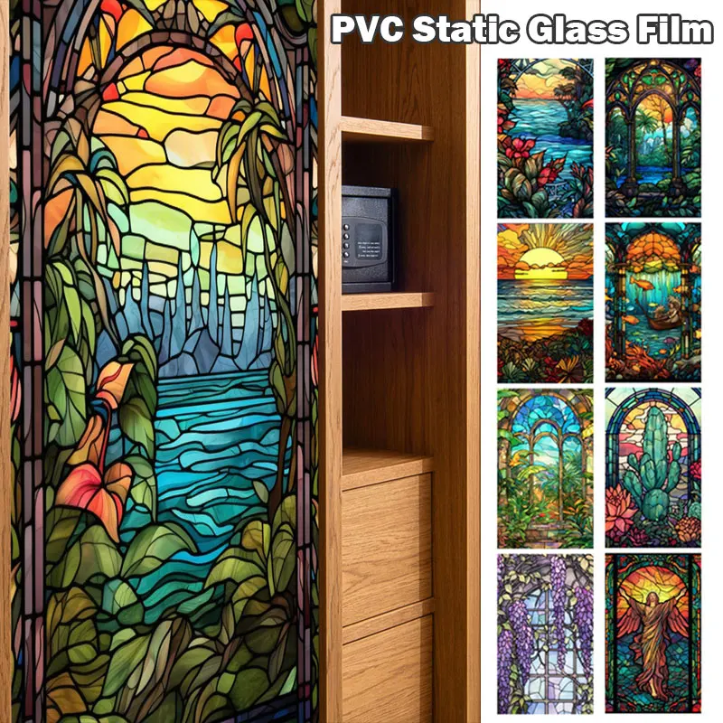

Retro Church Stained Window Film European Style Static Cling Privacy Glass Film Colorful Tropical Home Office Decor Stickers