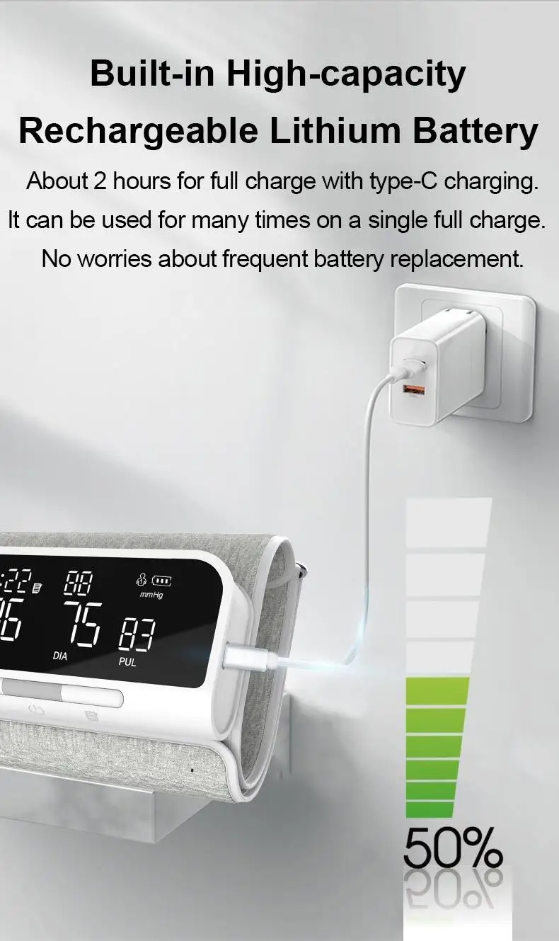 Description Picture 6 of itemALL-IN-ONE Arm Blood Pressure Monitor Rechargeable LI-ION Battery Digitization Tricolor LCD Large Screen Sphygmomanometer