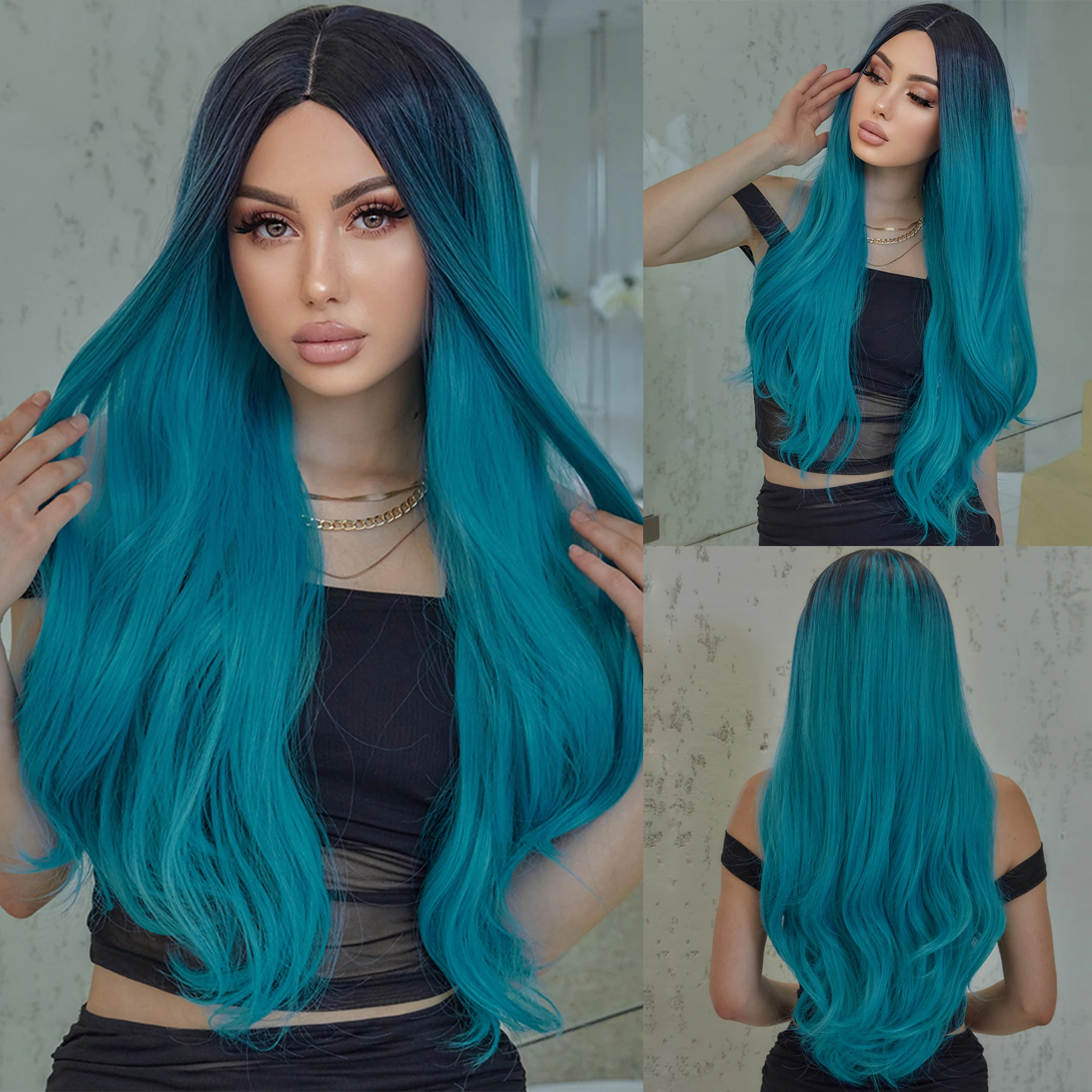 

Long Wavy Ombre Blue Cosplay Party Synthetic Wigs for Women Middle Part Colorful Halloween Hair Wig Natural Heat Resistant Fiber