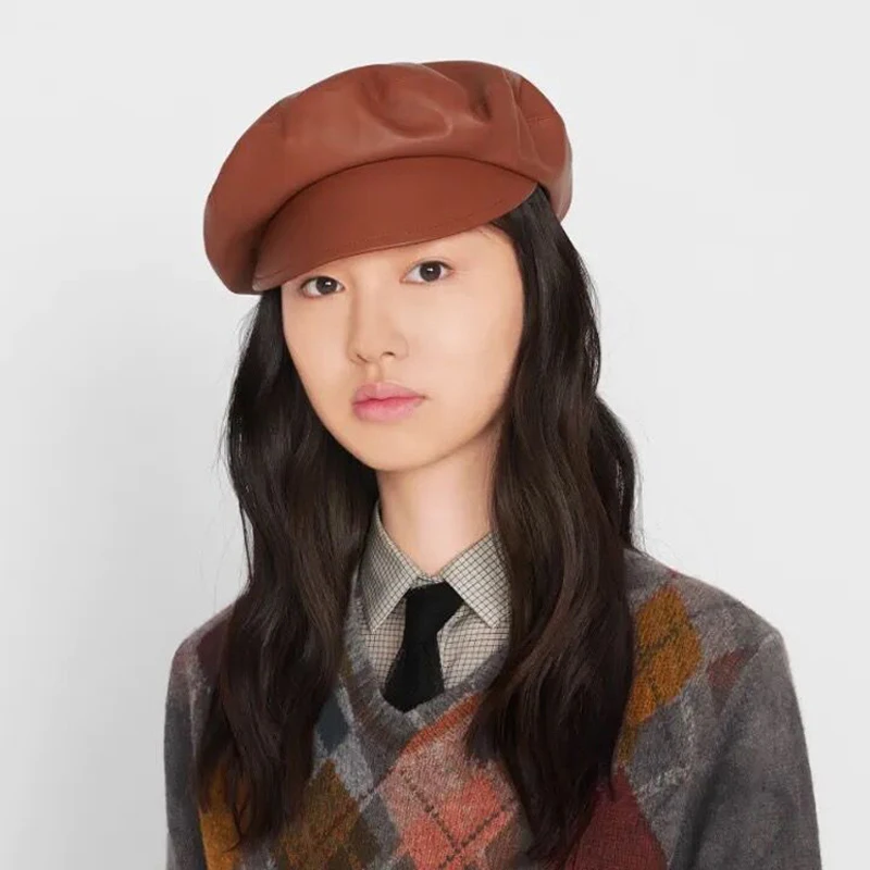 Genuine Leather Soft Hat Autumn Winter Women Beret Stylish Fashion Outdoors Sport Keep Warm Hat Baseball Cap Pumpkin