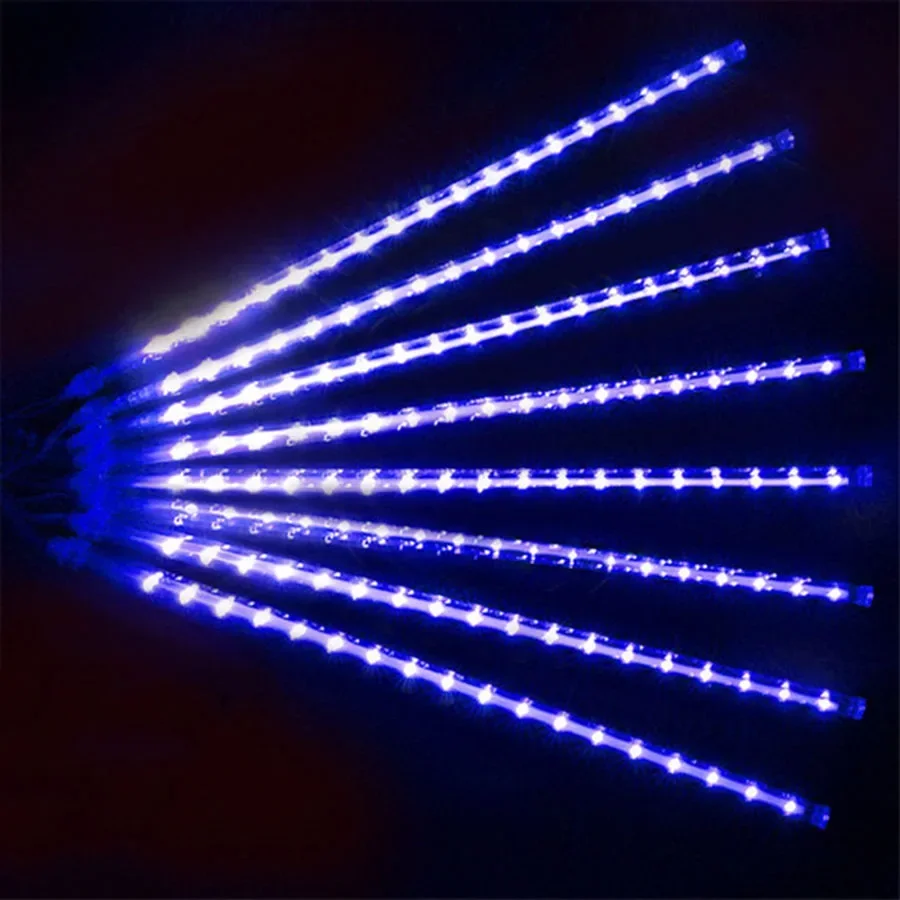 thumbnail image 1 of Juego de 1/2/4 luces de cadena de lluvia de meteoritos, 8 tubos, cascada, gotas de lluvia, carámbanos, guirnalda navideña para decoración de fiestas navideñas, 1 of 5
