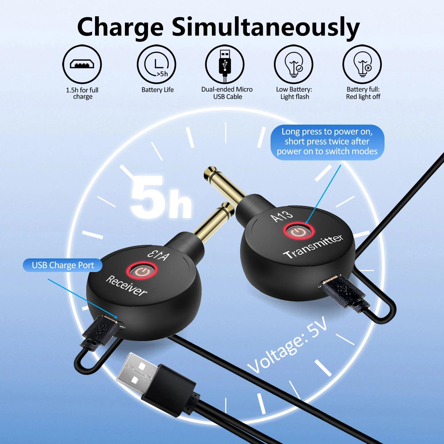 Wireless Guitar System 2.4GHz Mini Wireless Guitar System Rechargeable Audio Wireless Guitar Transmitter Receiver for Bass Electric Instruments