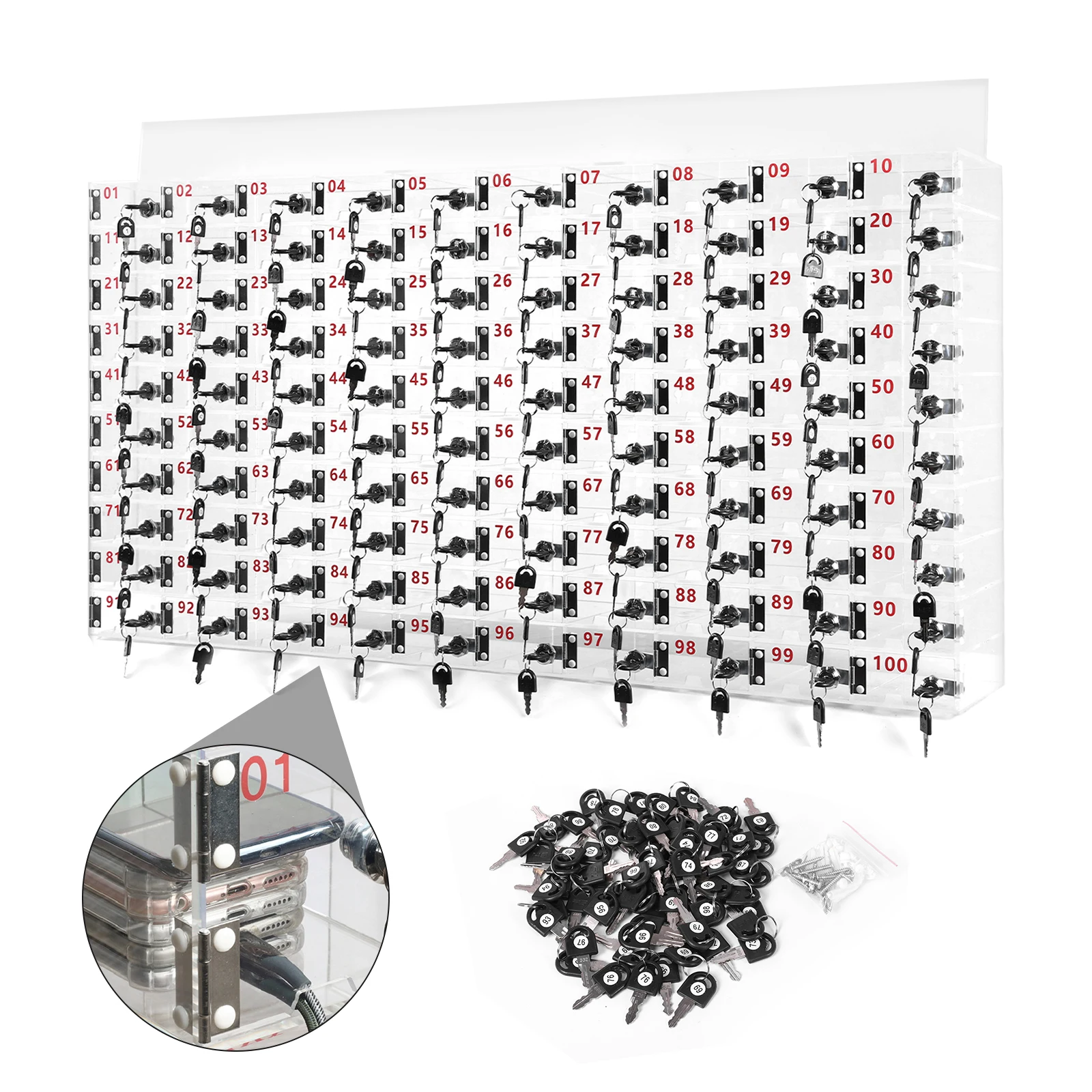 100 Slots Cell Phone Locker Box with Door Locks and Keys Clear Acrylic Phone Storage Cabinet for Classroom