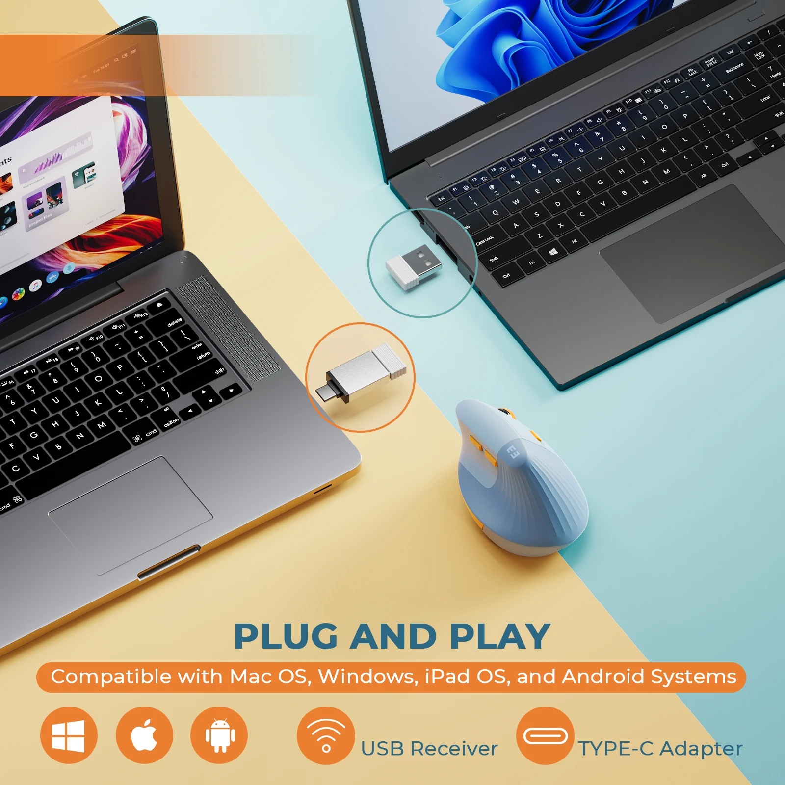 Seenda-mouse Recarregável sem Fio Ergonômico Elevação Vertical tipo c Usb Laptop pc Macbook Windows Android Laptop - Imagem 5