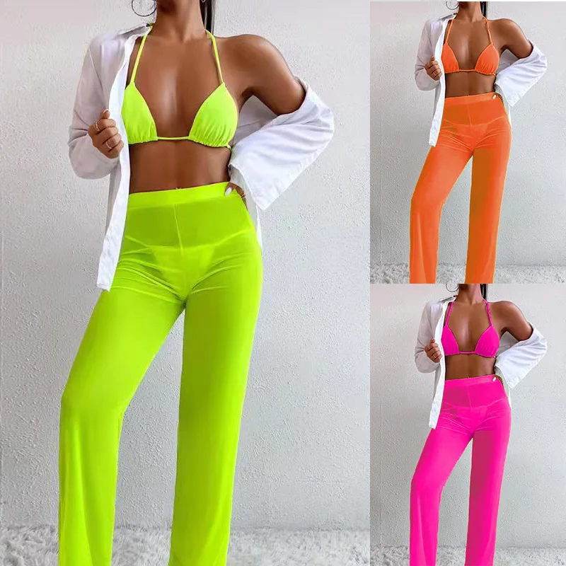 2022 Swimsuit Three-Piece Bikini Sexy See-through Yarn Pants Solid Color Thong String Victoria Secret |
