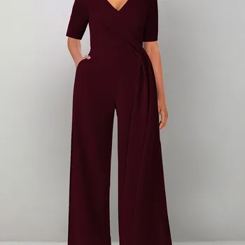 Monos Mujer 여성용 단색 V넥 포켓 디자인 와이드 레그 점프수트, 우아한 여성 점프수트, 패션 캐주얼 피스, 가을