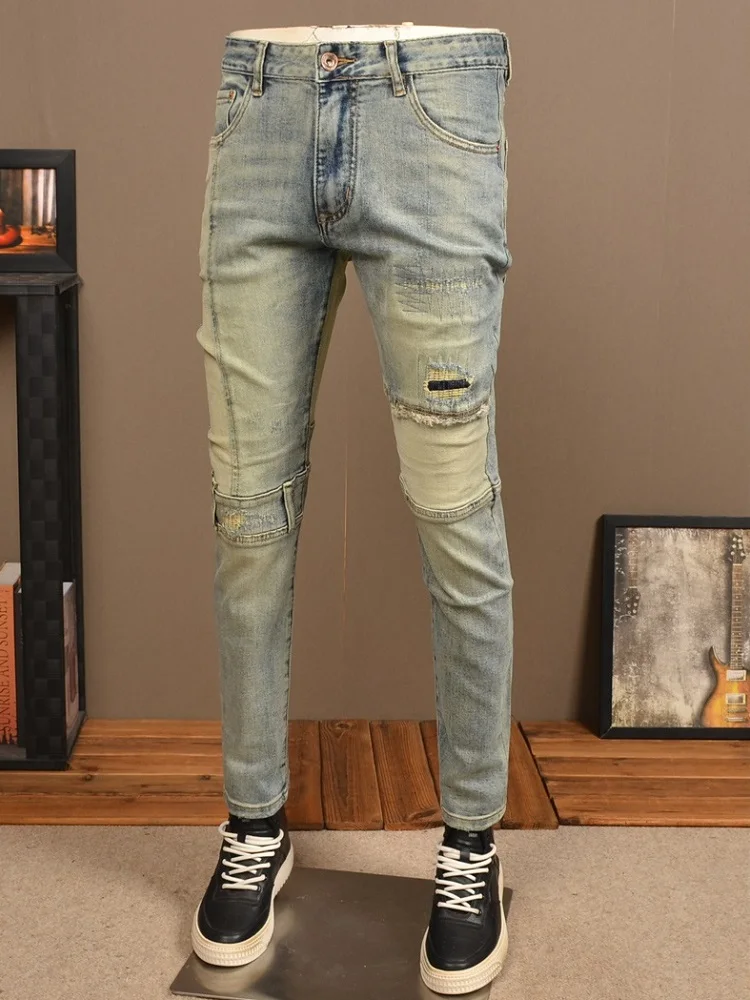 Vintage Ripped Patch Jeans Men Autumn Light Blue Slim Fit Straight Pants Streetwear Casual Retro Patchwork Denim Trousers