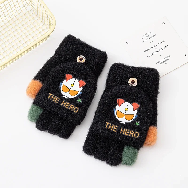 5-12Y Cute Children Gloves Winter Autumn Half Finger Flip Cover Warm Boy Girl Mittens Cartoon ultraman Kids Cycling Gloves 5