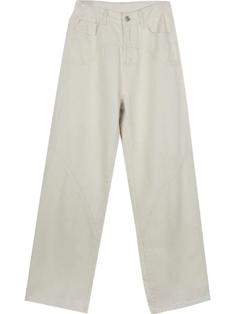 Deeptown Beige Jeans Women Denim Vintage Baggy Casual Trousers High Waist Wide Leg Pants Classic Streetwear Fashion Retro Ladies