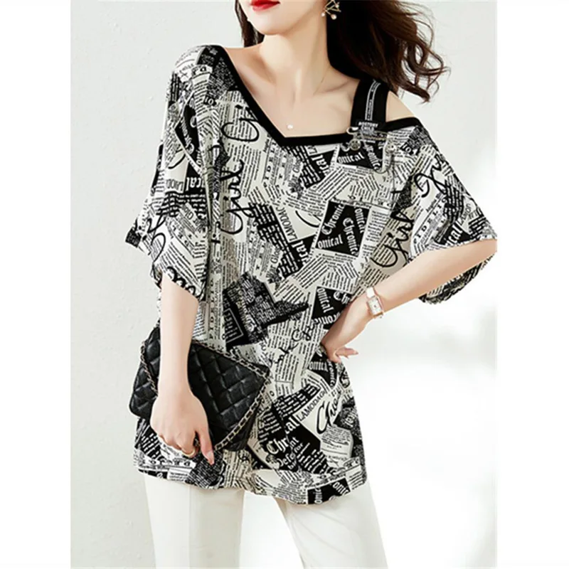 

Vintage Printed V-Neck Off Shoulder Hollow Out Epaulet Oversized Asymmetrical Blouses Summer Commute Tops Casual Women's Shirt