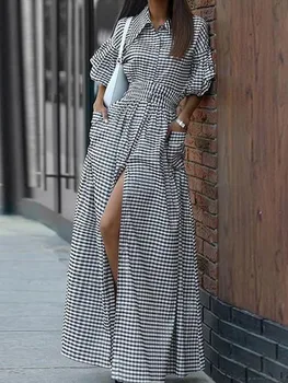 Yeezzi 2025 New Fashion Plaid Lapel Shirt Dress Women Ruffle Sleeves Buttoned Pockets Front-slit High Waist Elegant Maxi Dresses 1