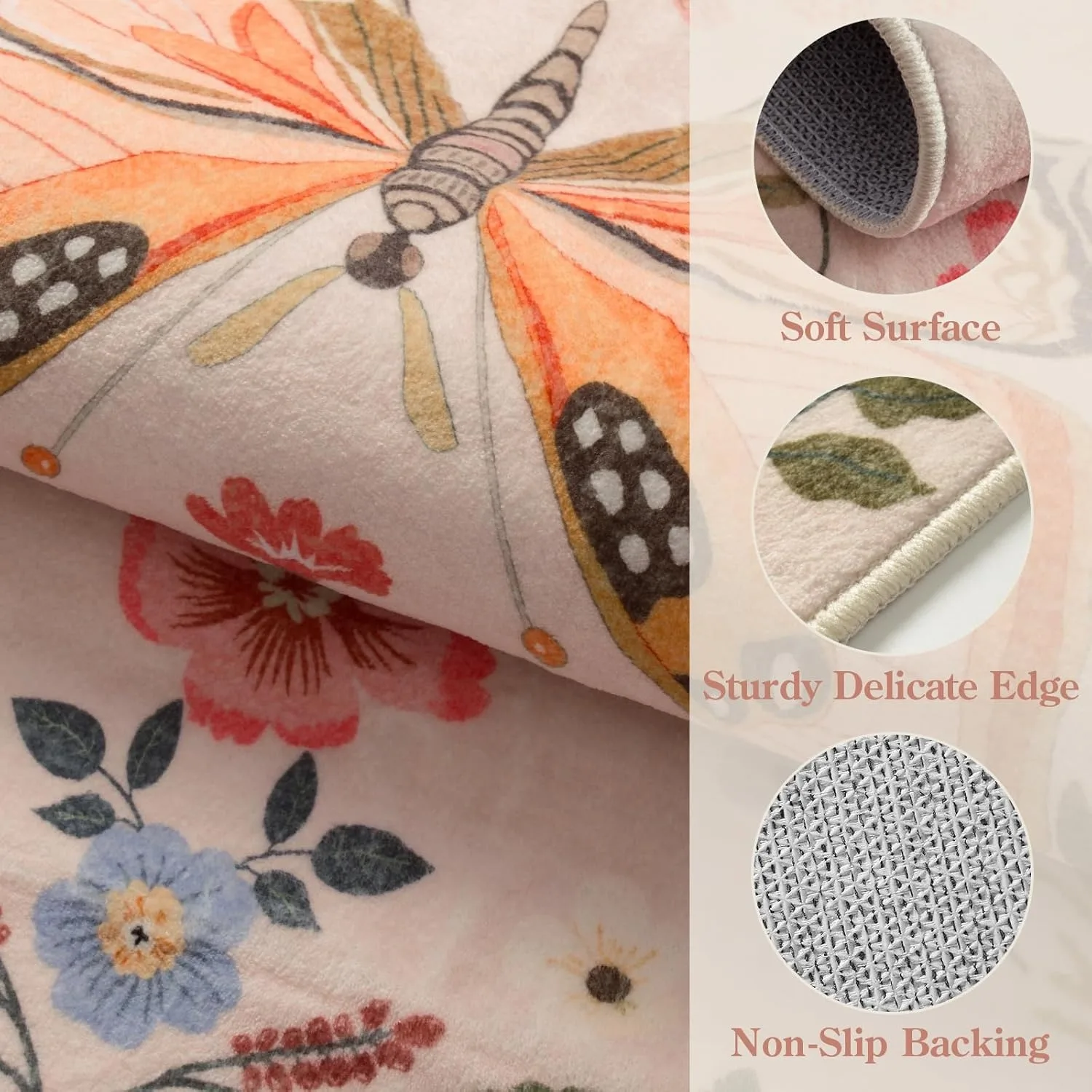 Machine Washable Rugs Soft Non Slip Pink Carpet for Living Room Butterfly Floral Print Floor Mat Bedroom Bedside Plush Rug Ковер 5