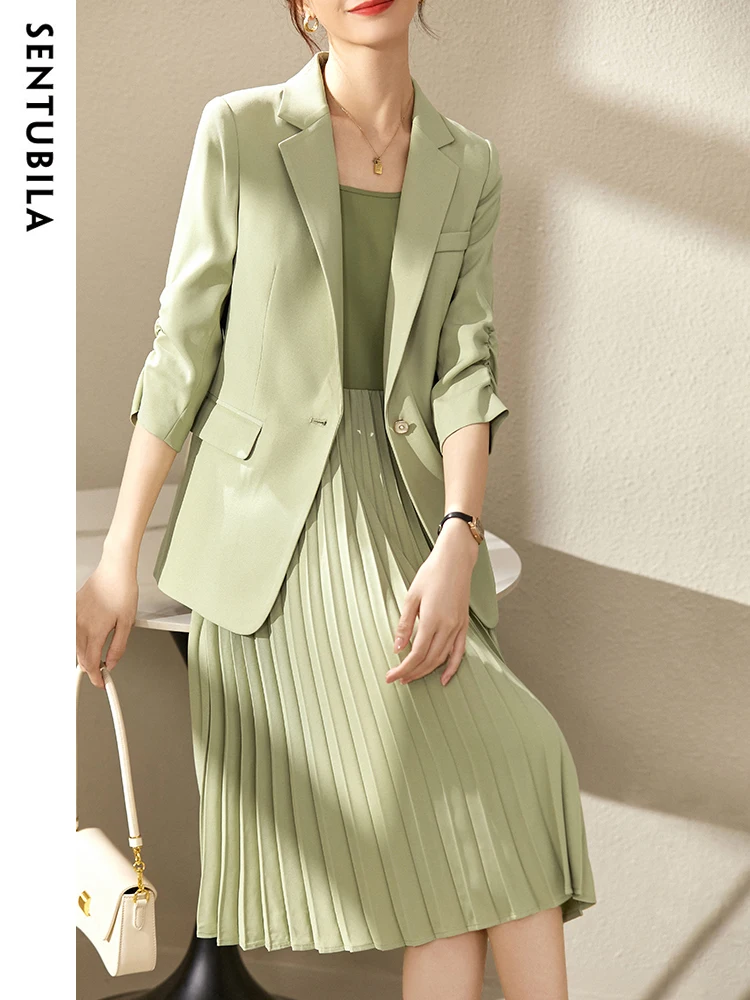 

SENTUBILA Hight Quality Blazer Suit Sets for Women 2024 Office Business Blazer & Midi Pleated Dress Two Piece Sets 131Z44546
