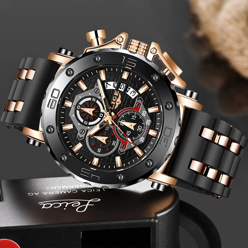 LIGE 2023 New Fashion Leather Watch For Men Sport Quartz Chronograph Wristwatches Top Luxury Military Watch Men Montre Homme+BOX