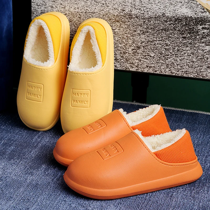

Women's and men's Plush Waterproof Winter slippers, warm home shoes, leather and cotton, Unisex